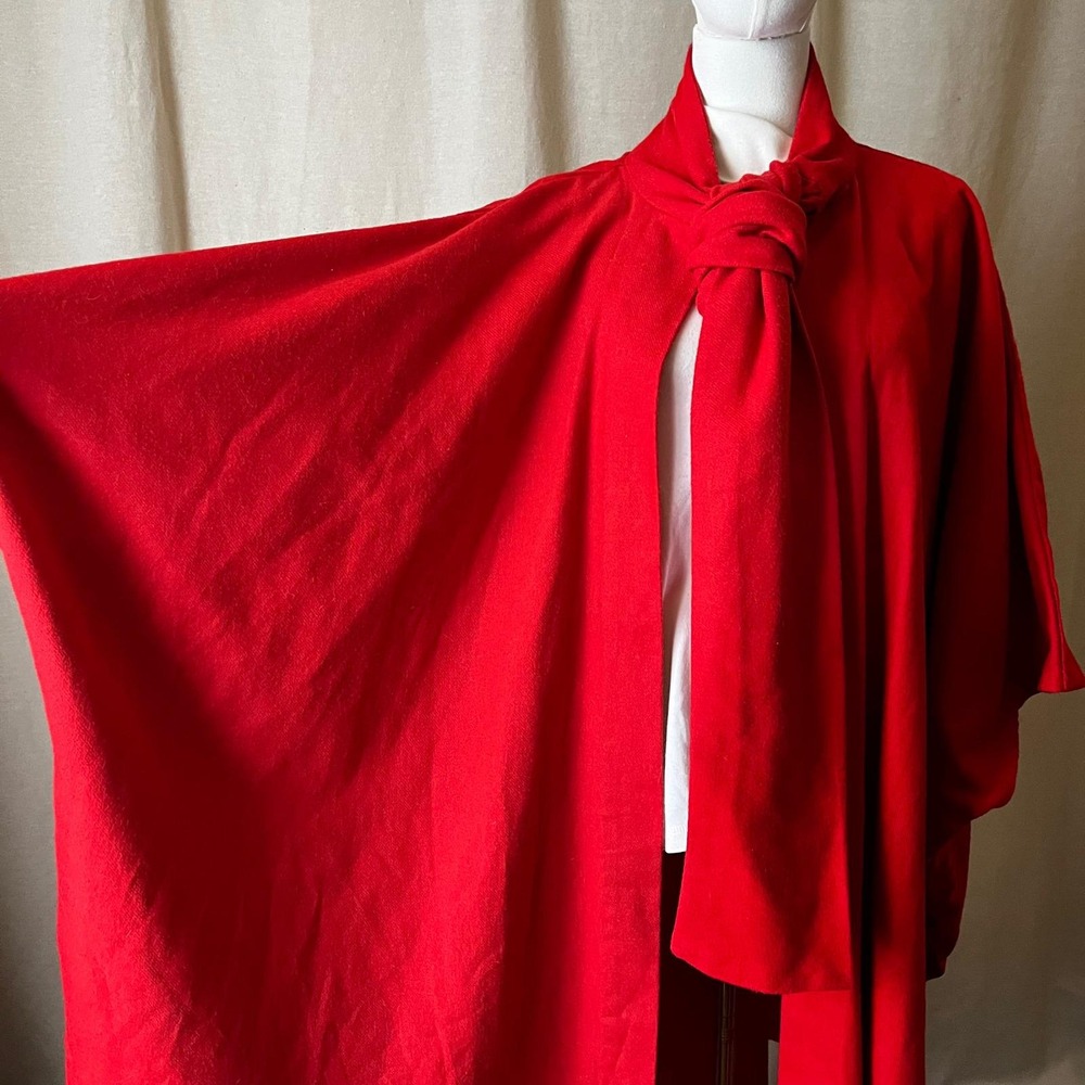 Vintage Handmade Red Wool Cape Coat Dramatic Draped Scarf Collar Art to Wear